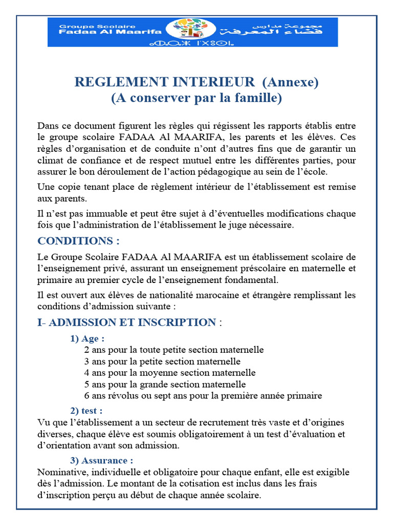 Règlement Intérieur de l'École FADAA | PDF | Écoles | Enseignants
