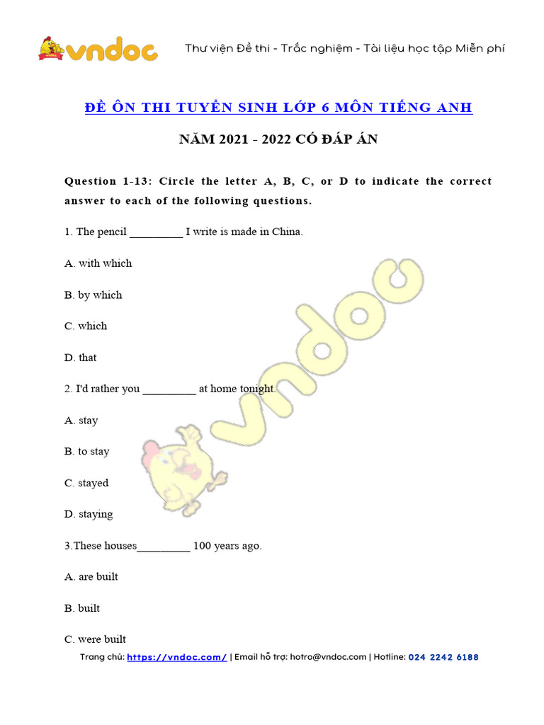 De Thi Vao Lop 6 Mon Tieng Anh Co Dap An So 2 | PDF