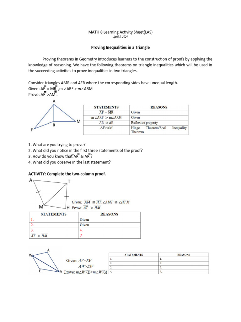 Triangle Inequality Proof Activity | PDF | Teaching Methods & Materials