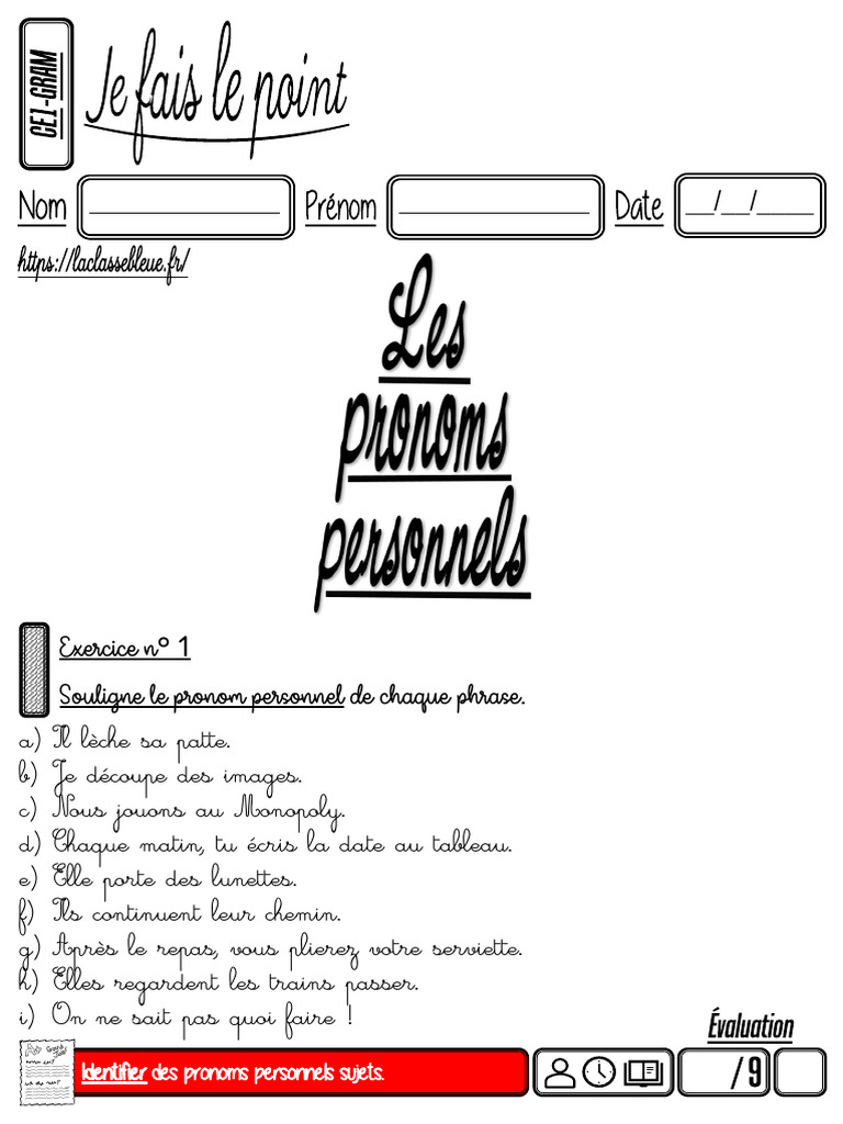 Exercices sur les pronoms personnels CE1 | PDF