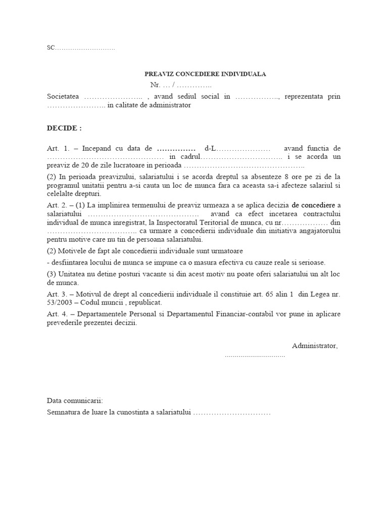 Notificare Desfiintare Post | PDF