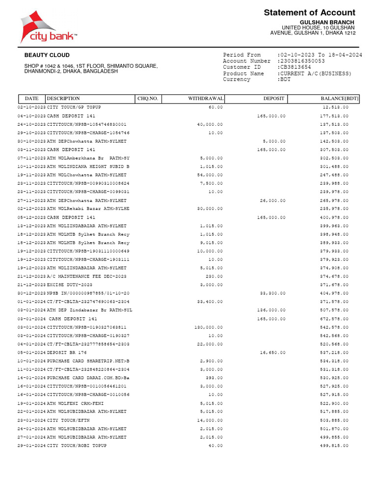 Gulshan Branch Account Statement | PDF | Automated Teller Machine ...