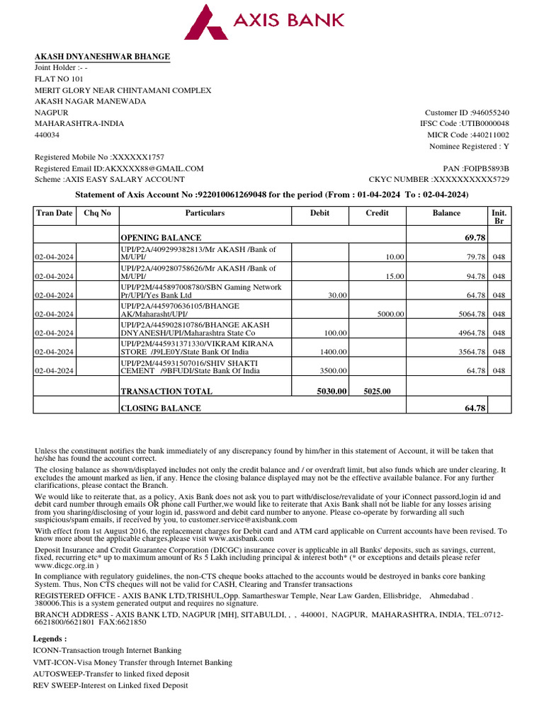 Axis Bank Statement for Akash Bhange | PDF | Banks | Debit Card