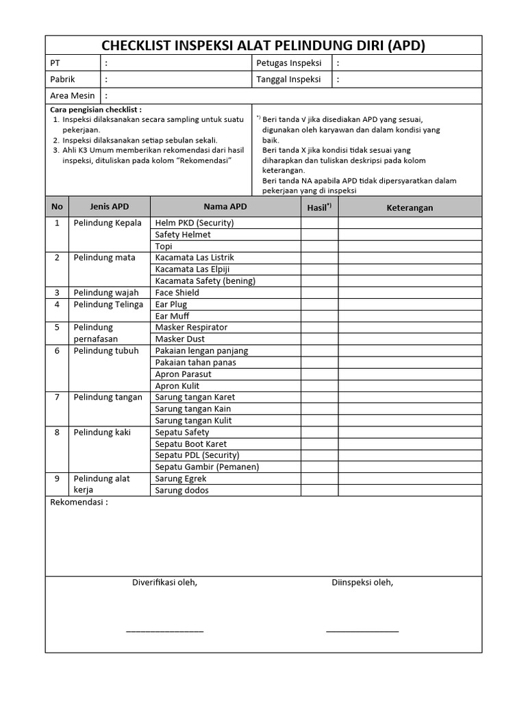 Checklist Inspeksi Apd Pdf