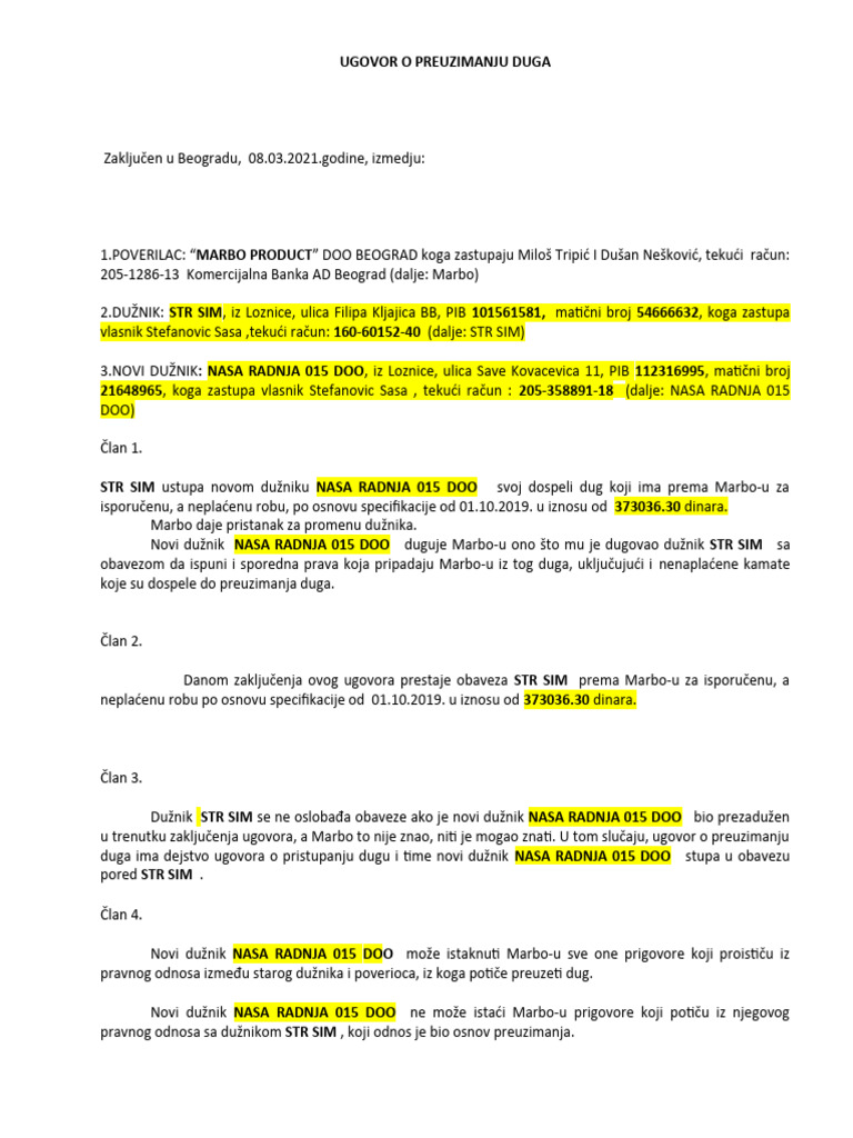 UGOVOR O PREUZIMANJU DUGA (1) | PDF