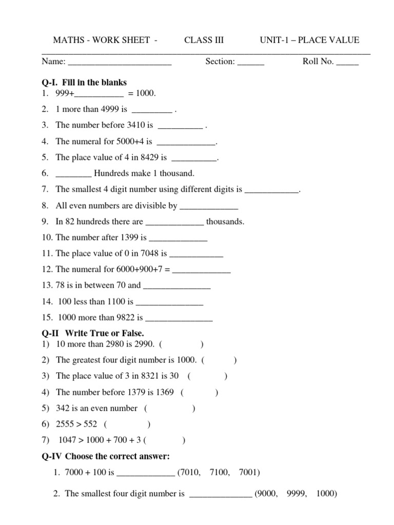 Class 3 Place Value Assignment 1 Pdf Numbers Encodings