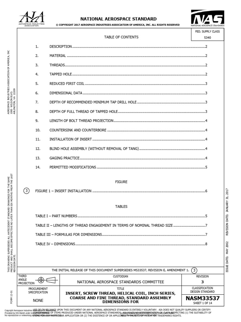 NASM33537 Insert, Screw Thread, Helical Coil Download Free PDF