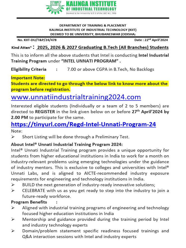 Registration For Intel Unnati Industrial Training Program2025, 2026