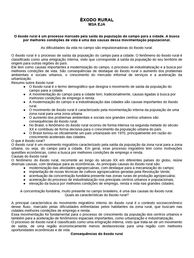 Êxodo Rural | PDF | Urbanização | Favela