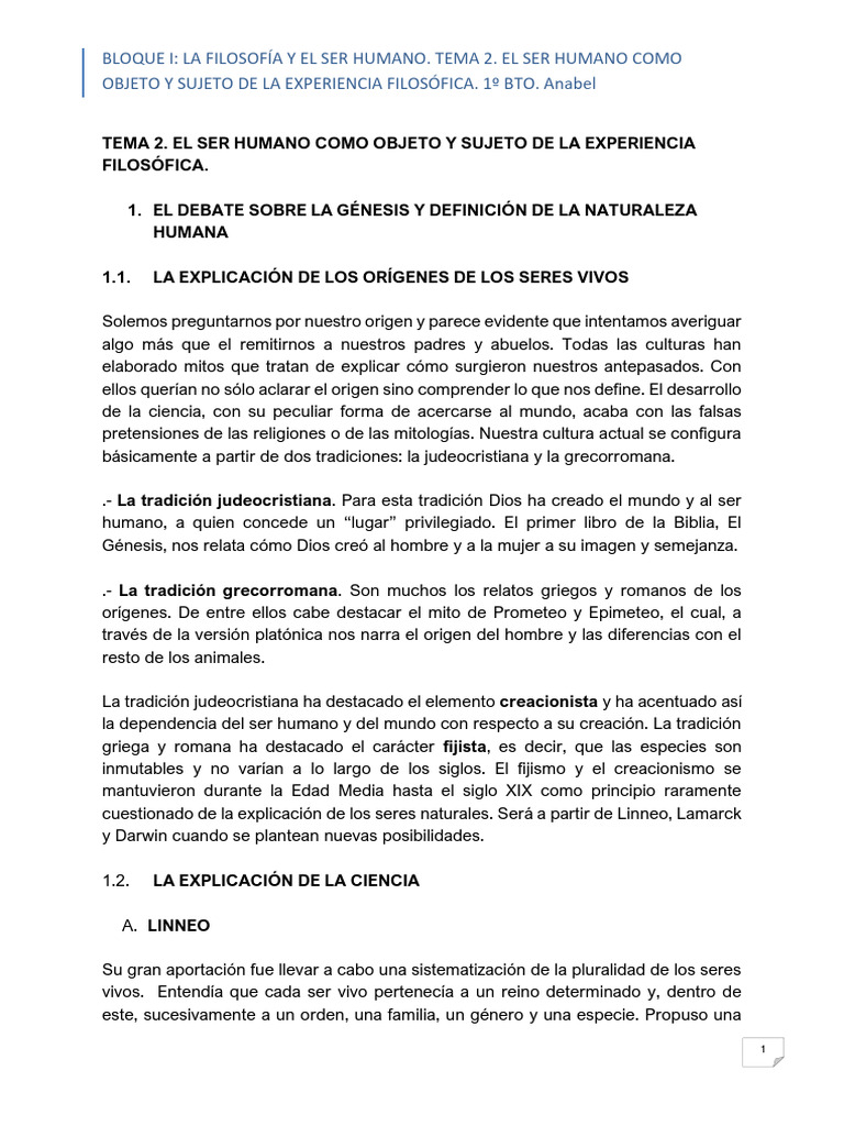 Bloque I - Tema 2. El Ser Humano Como Objeto y Sujeto de La Experiencia ...
