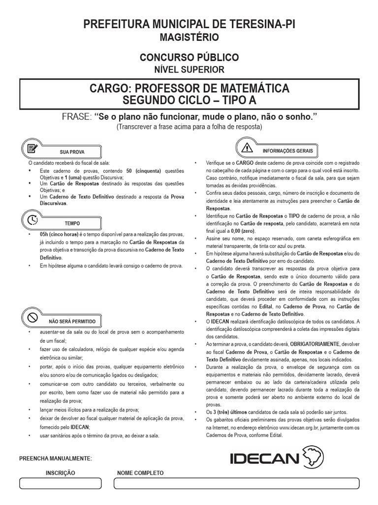 Prova IDECAN Professor de Matemática Semec 2024 PDF Préescola