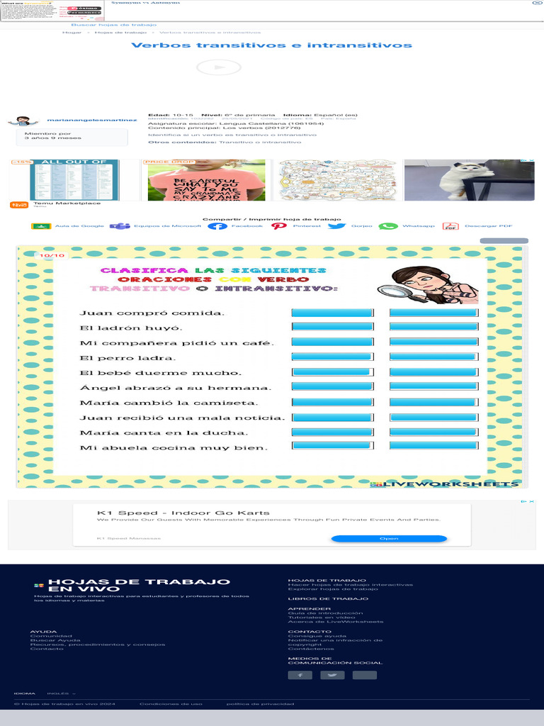 Hoja de Trabajo de Verbos Transitivos e Intransit | PDF, image size:768x1024