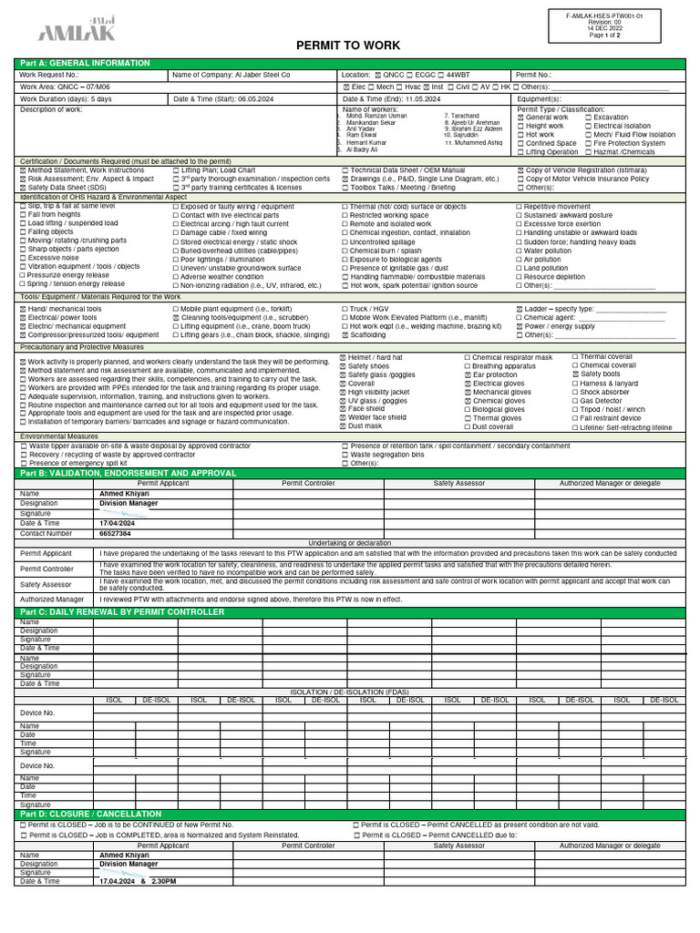 Al Jaber Steel Company - Permit Work Form | PDF
