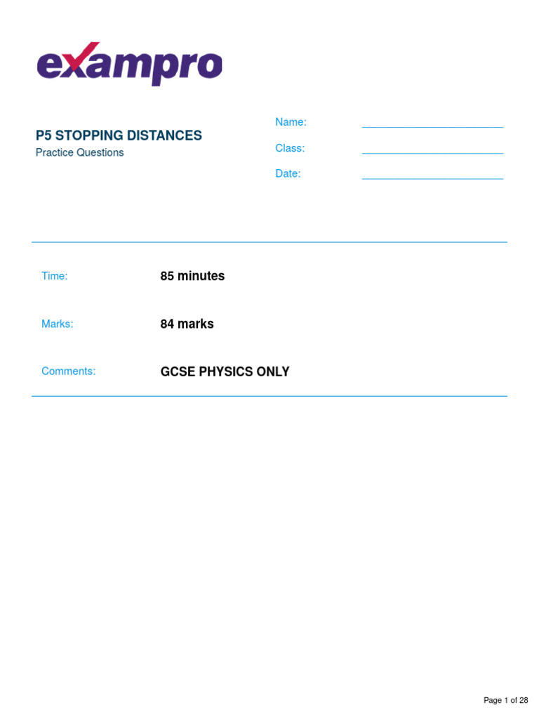 P5 Stopping Distances Phys Only | PDF | Force | Brake
