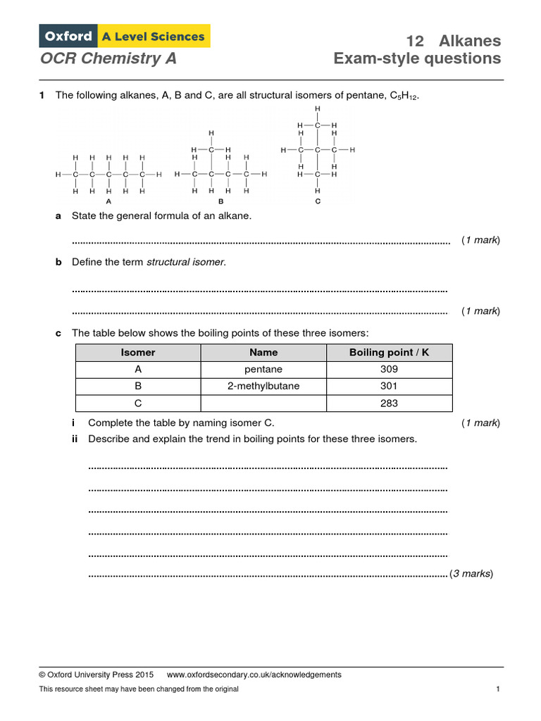 Alkanes 2015 Exam Style Questions Pdf Alkane Chemical Reactions