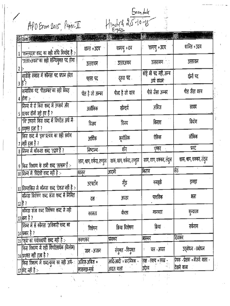 RPSC APO EXAM (NONTSP) 25.10.2015 Language General Hindi and