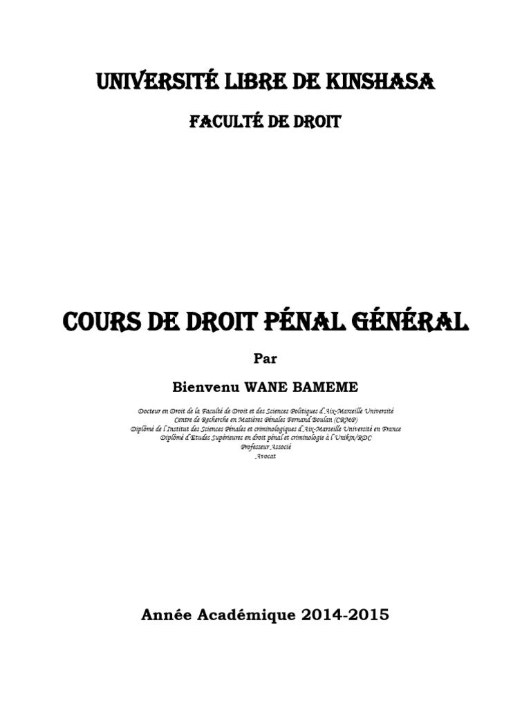 Cours de Droit Pénal Général Congolais | PDF | Crimes | Crime et violence