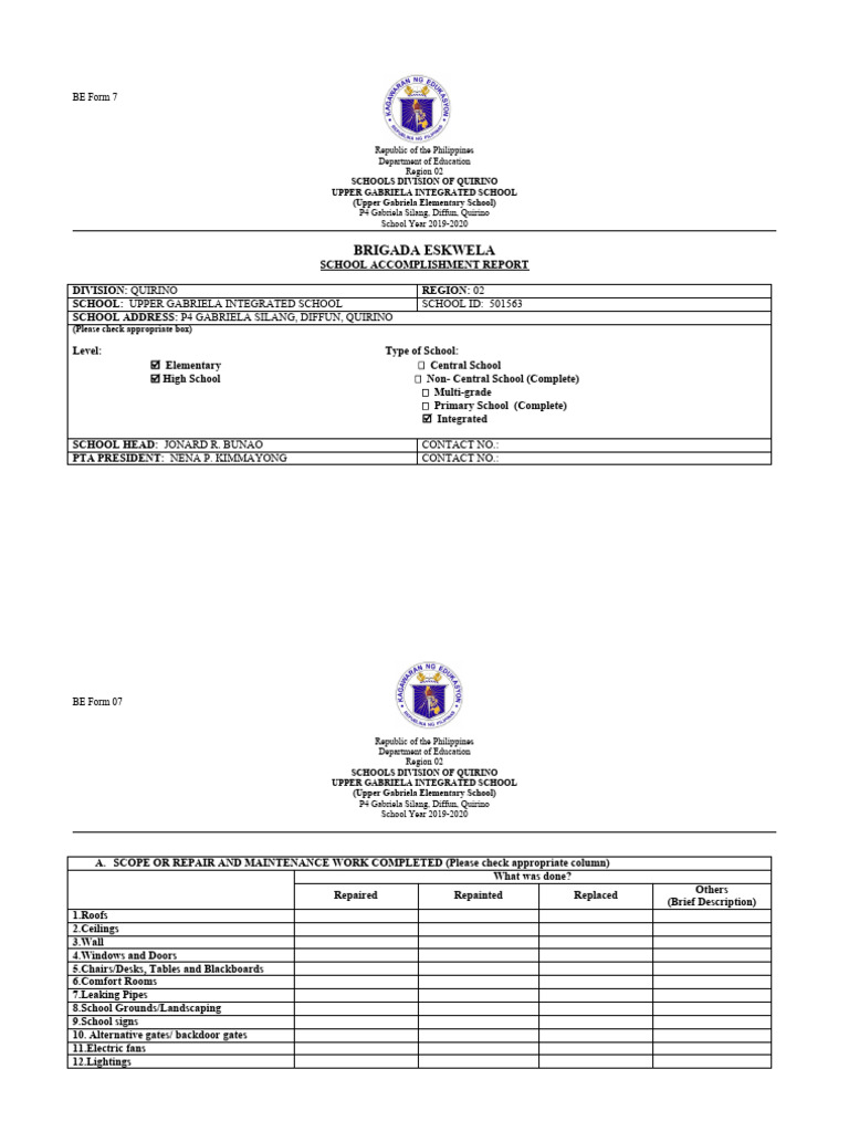 Brigada Eskwela Report 2019-2020 | PDF