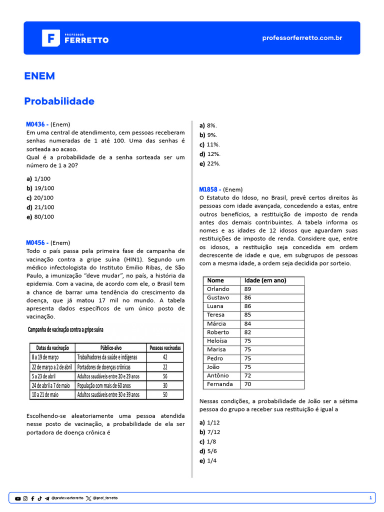 Probabilidades em Questões do ENEM | PDF | Probabilidade | Cor