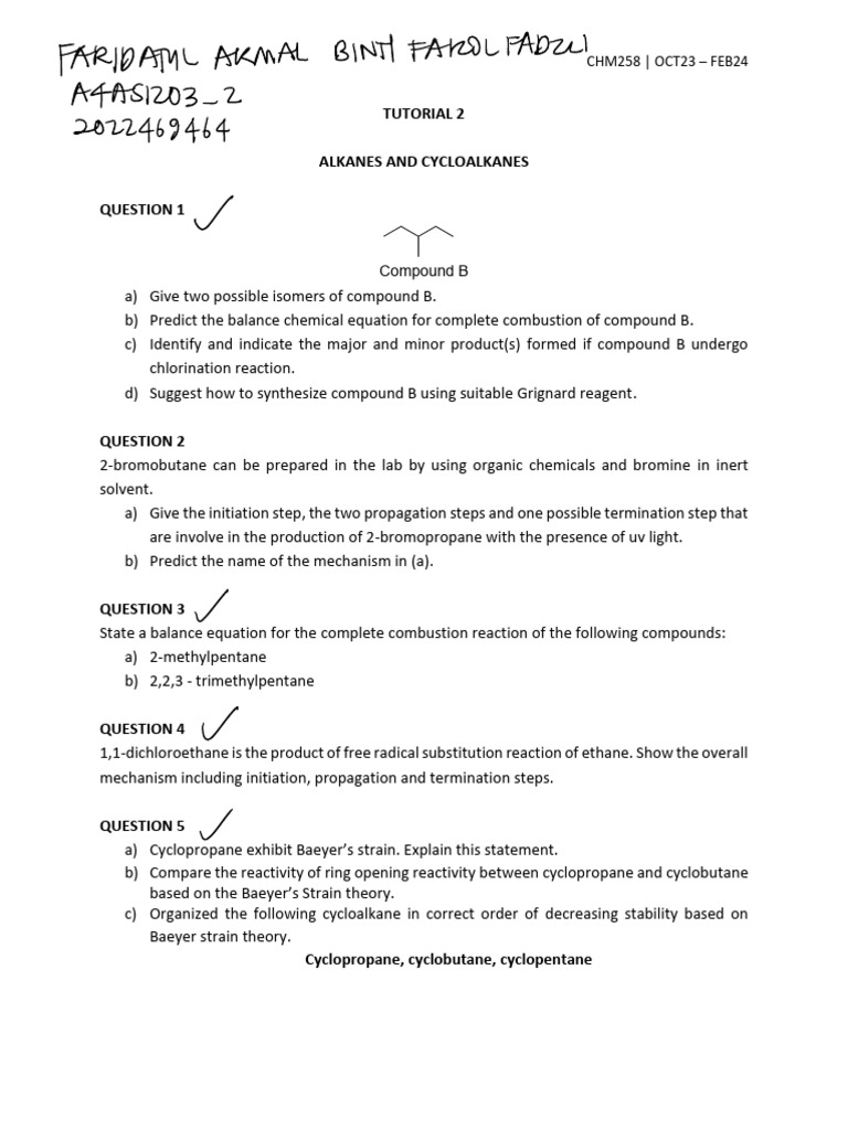 Chm258 Tutorial 2 Pdf Alkane Chemical Reactions