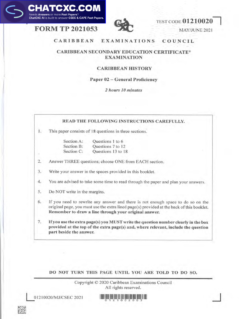 Csec Caribbean History P2 2021 Pdf