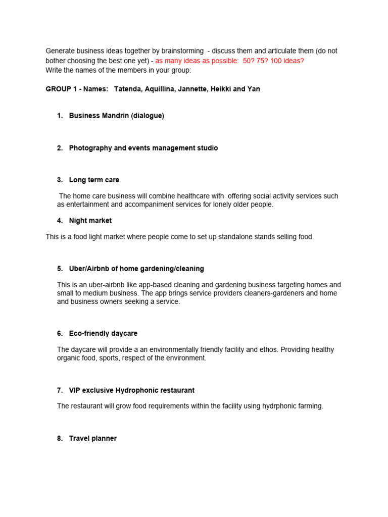 Business Idea Generation Task - Groups and Ideas - Brainstorm | PDF