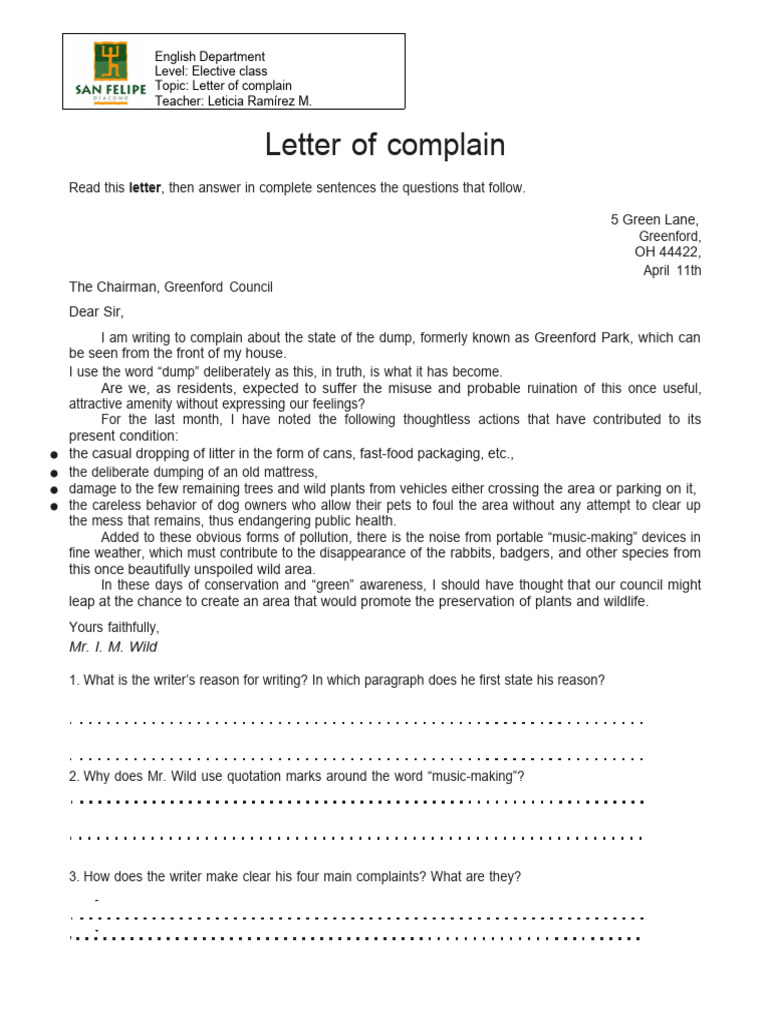 Sample Complaint Letter Structure | PDF | Language Arts & Discipline ...
