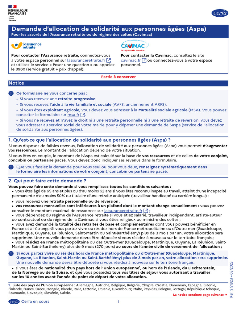 Demande d'Aspa : Conditions et Formulaire | PDF | Retraite | Impôt sur ...