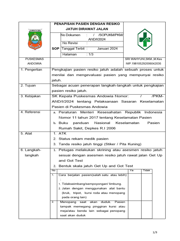 Sop Penapisan Pasien Dengan Resiko Jatuh Rawat Jalan Pdf