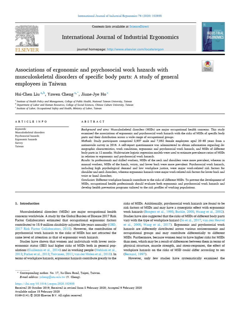 Associations of Ergonomic and Psychosocial Work Hazards | PDF ...