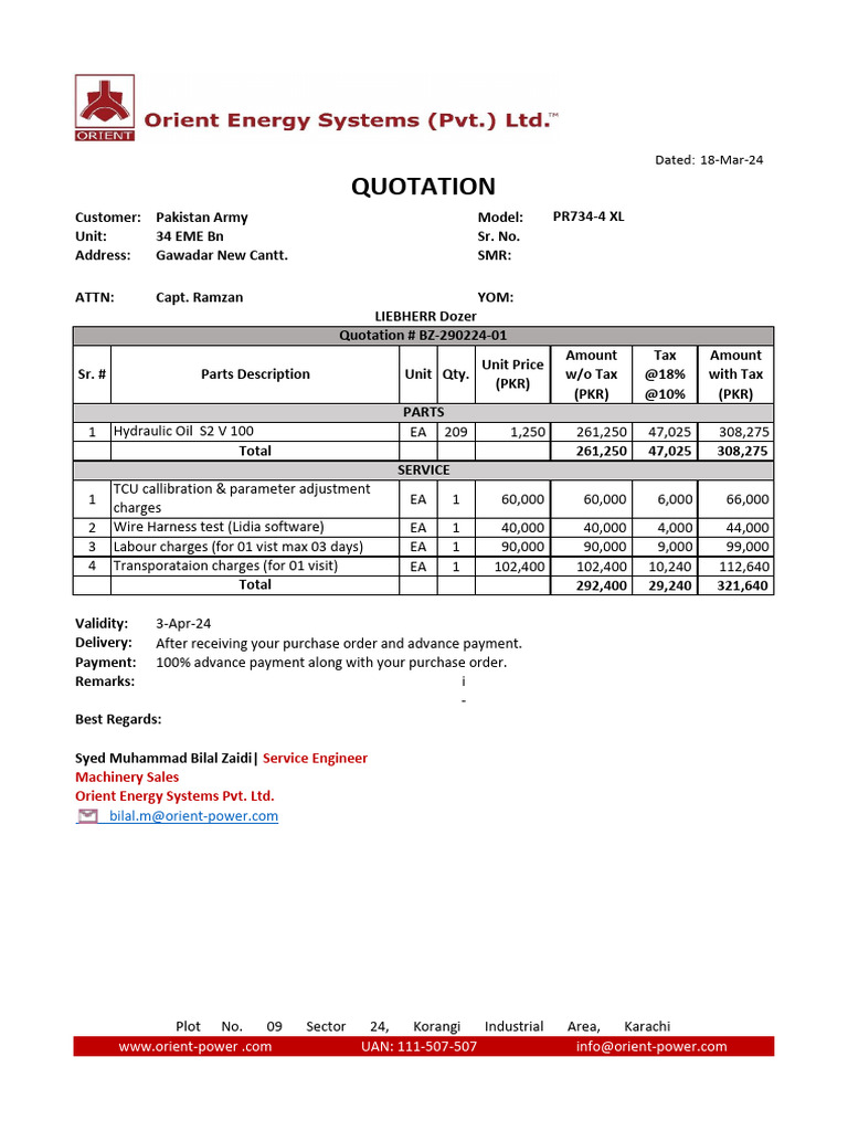 Quotation for Machinery Parts & Services | PDF