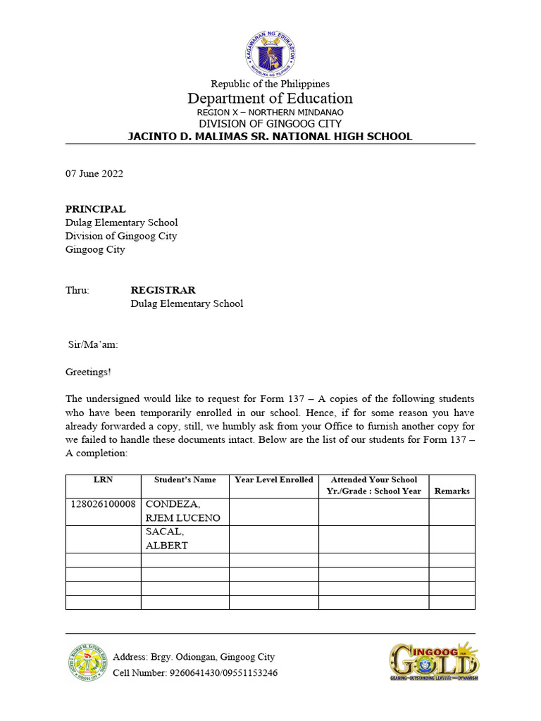 Letter - Request Form137 | PDF