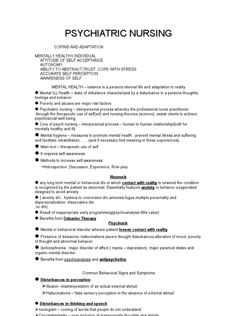 Psychiatric Nursing Notes Psychotherapy Antipsychotic