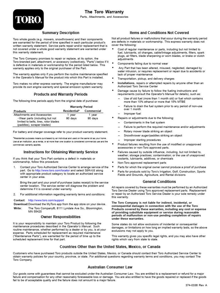 Toro RLC Parts Warranty 2023dec PDF