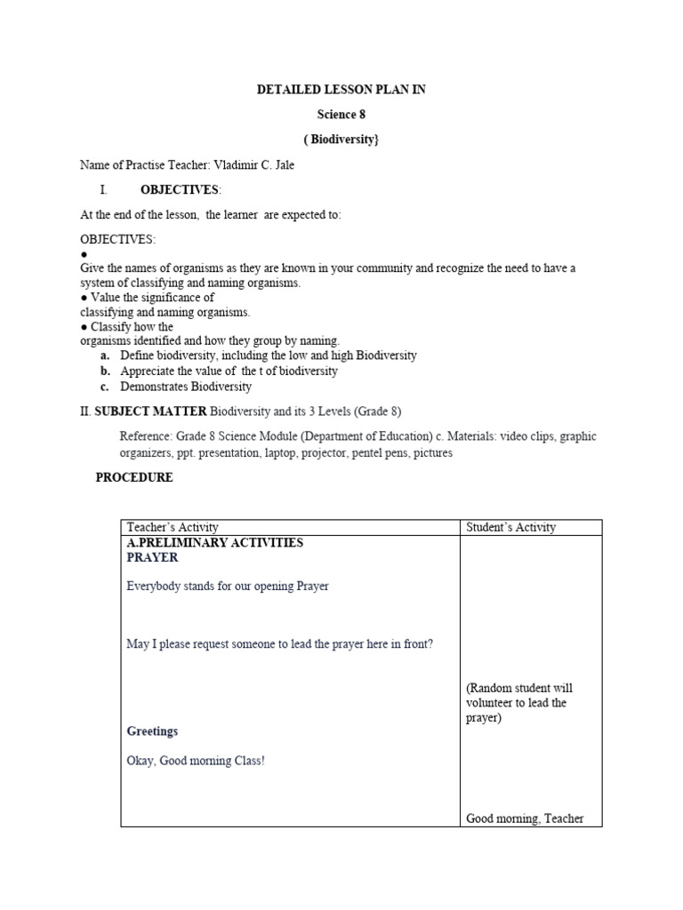 Grade 8 Biodiversity Lesson Plan | PDF | Biodiversity | Species