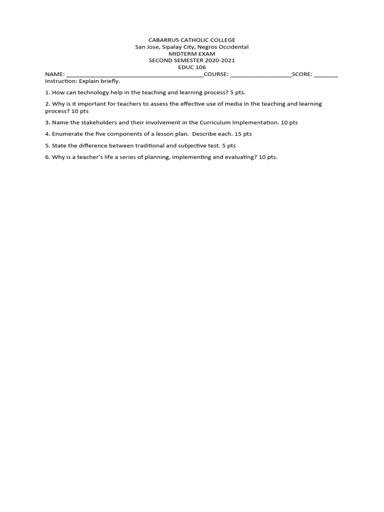 Midterm Exam: EDUC 106 Overview | PDF
