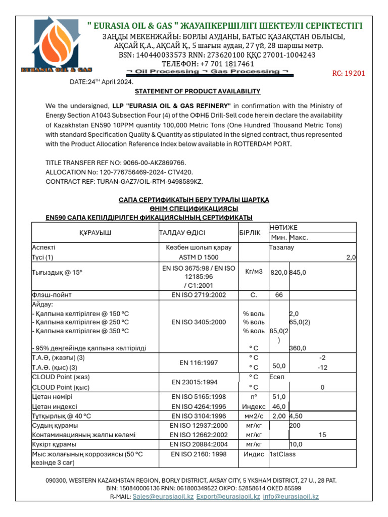 LLP Eurasia Oil & Gas Refinery Statement of Product Availability | PDF 