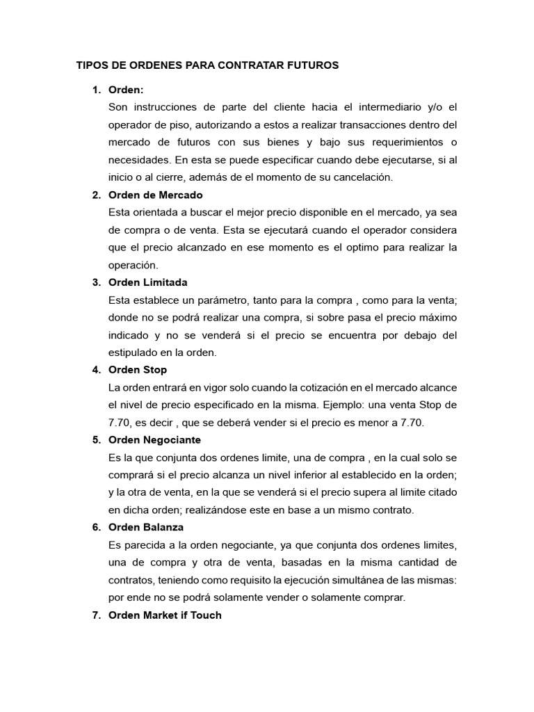 Tipos de Órdenes en Futuros y Opciones | PDF | Mercado (economía) | Bolsa