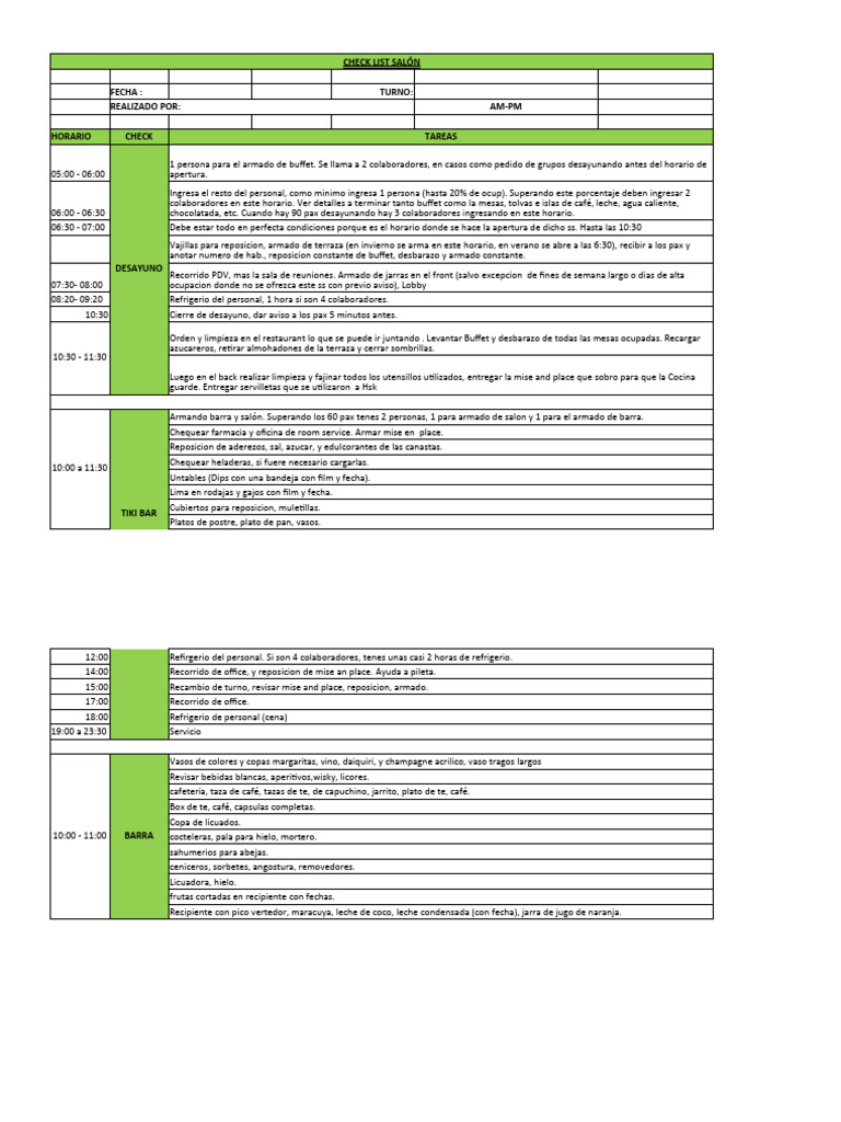 Checklist de Operaciones para Salón y Barra | PDF | Bebida | Alimentos