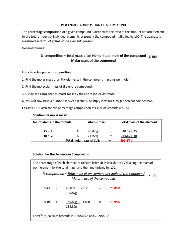 Calcium Bromide Percentage Composition | PDF | Mole (Unit) | Physical ...