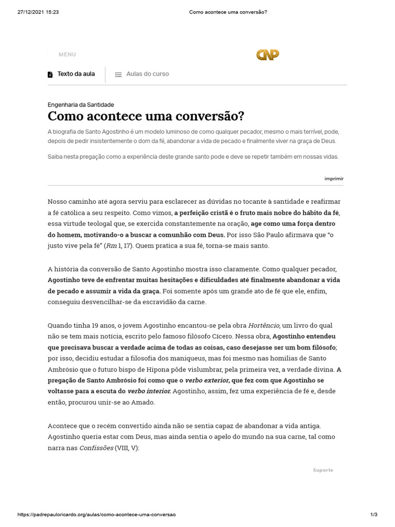 A Conversão Segundo Santo Agostinho | PDF | Agostinho de Hipona | Santo