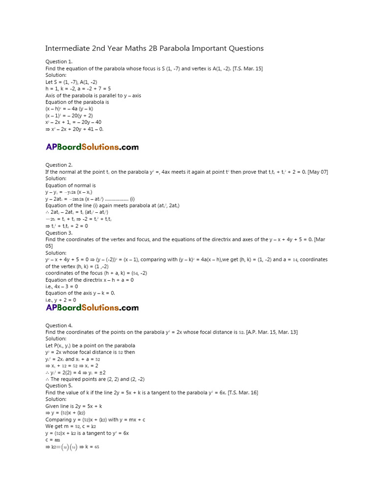 Important Parabola Questions for Class 12 | PDF | Geometric Shapes ...