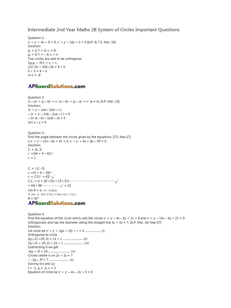 Maths 2B System of Circles Important Questions | PDF | Euclidean Plane ...