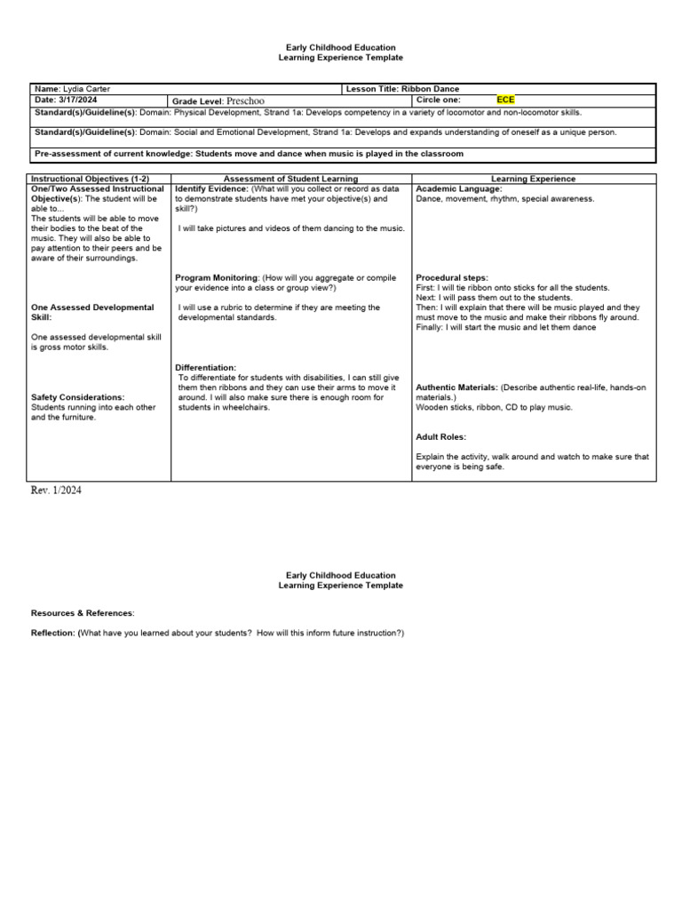 Ribbon Dance Lesson Plan for ECE | PDF | Early Childhood Education ...