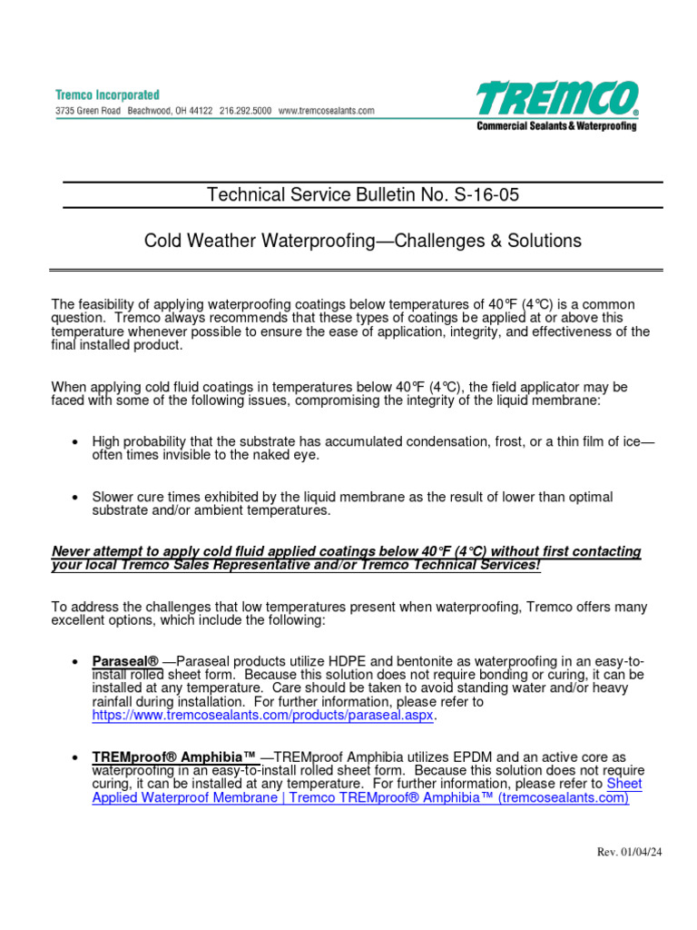 Technical Bulletin S-16-05 - Cold Weather Waterproofing - Tremco ...
