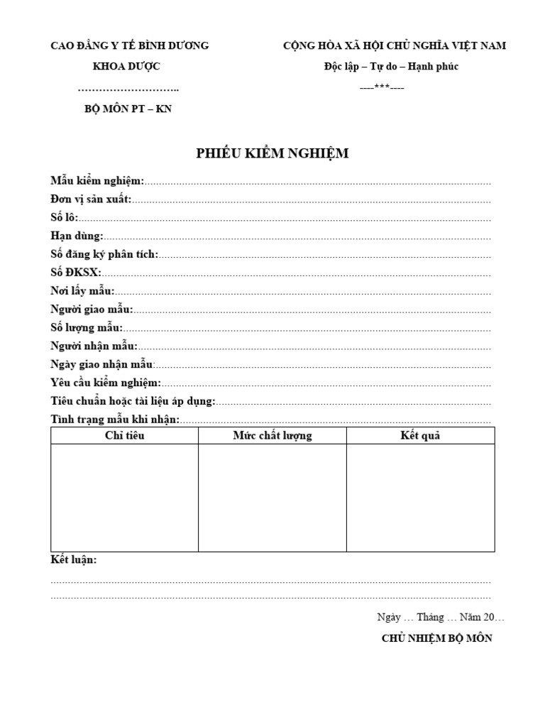 Mẫu phiếu kiểm nghiệm | PDF