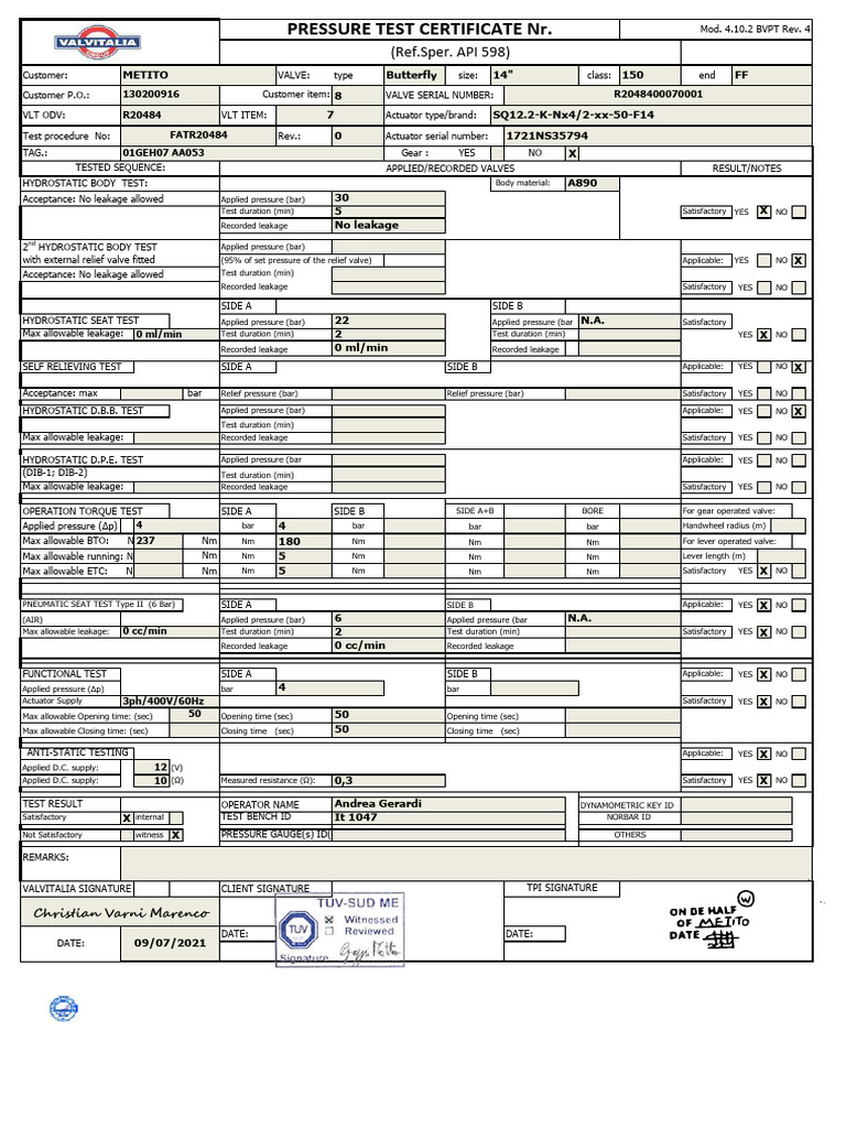 Butterfly Valve Pressure Test Certificate | PDF | Valve | Actuator