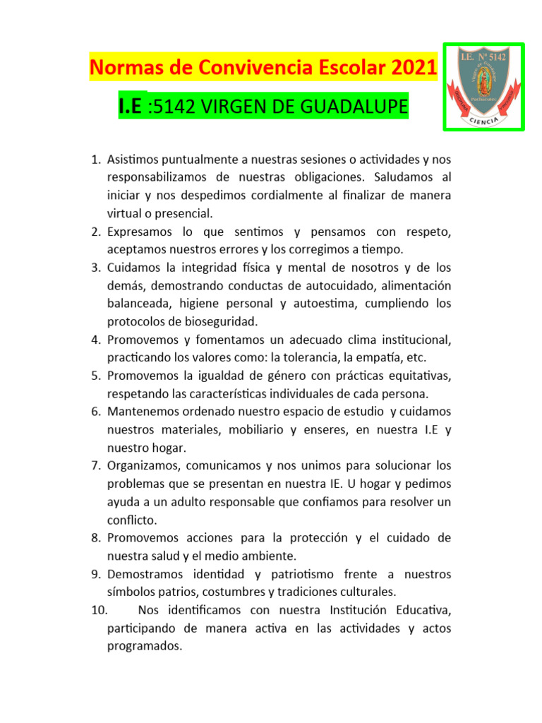 Normas de Convivencia Escolar 2022 Último Archivo | PDF | Autoestima ...