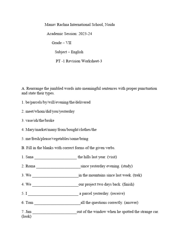 Grade VII English PT-1 Revision Worksheet | PDF | Teaching Methods ...
