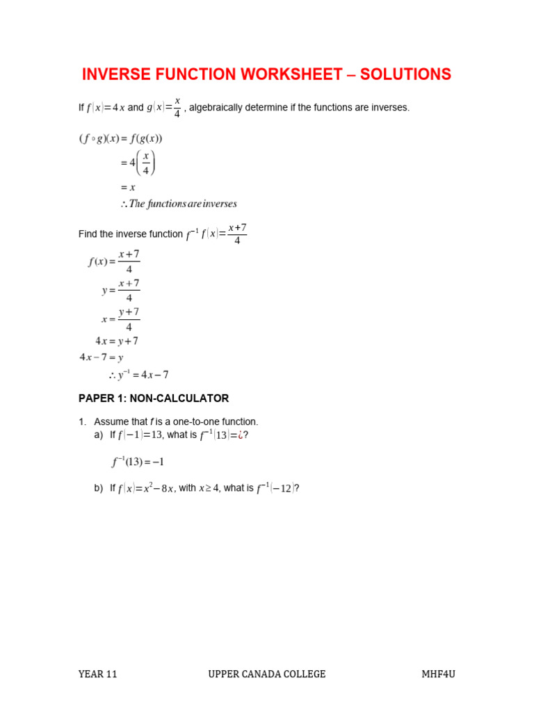Inverse Function Worksheet - Solutions | PDF